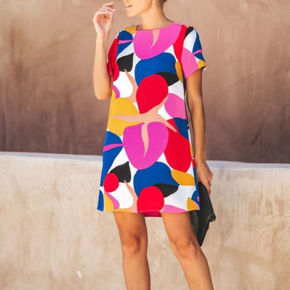 ColorBlock Round neck, short sleeves colorblock spring mini dress